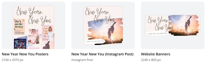 Canva homepage with three squares showing project graphics with the words new year new you with image of female stretching in front of pastel sunrise