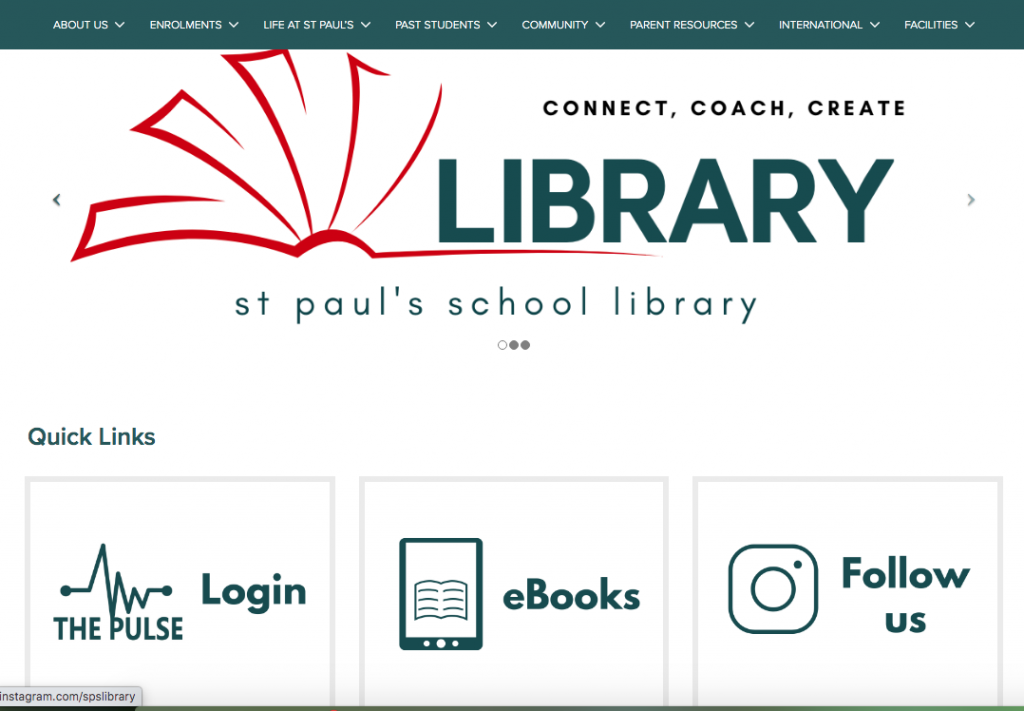image of webpage with library logo at top and quick links to Pulse, ebooks and follow us below that