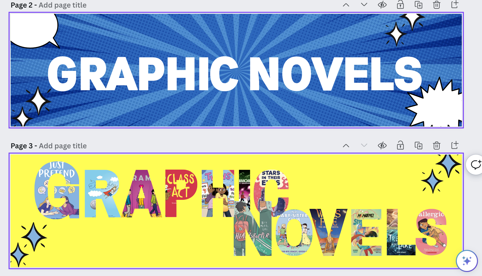 Two graphic novel banners in blue and yellow